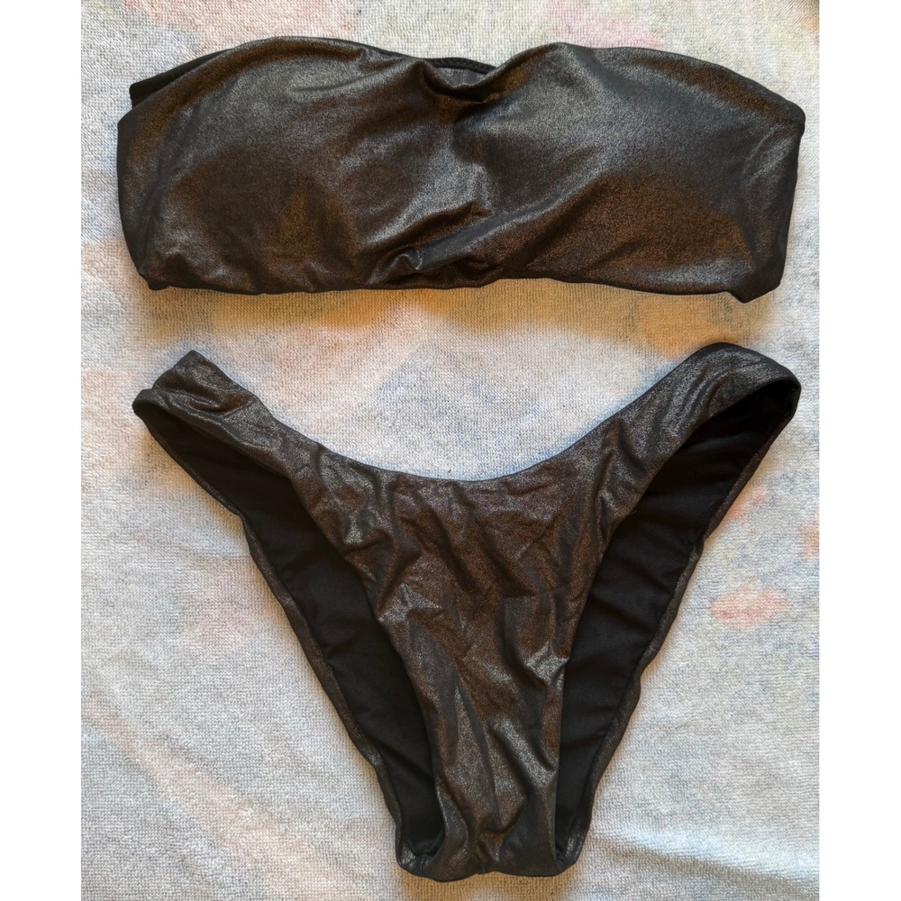 Envy's Metallic Gunmetal Bandeau Bikini Set High Cut Two Piece Swimsuit XS